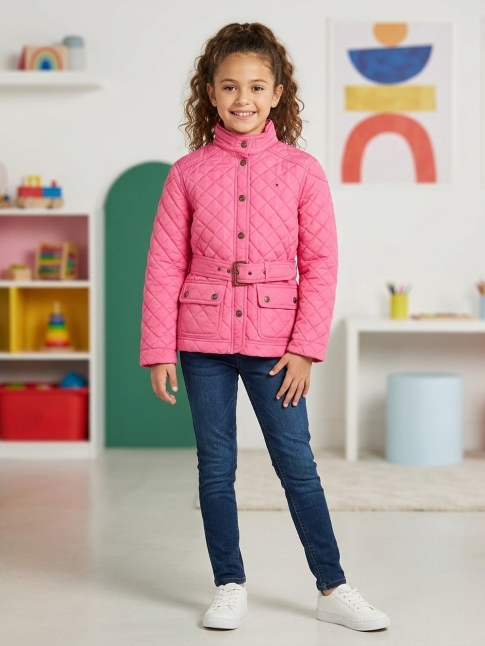 Tommy Hilfiger Girls Quilted Salmon Pink Snap-Front Jacket Large